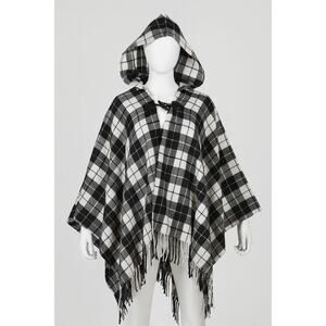 Black White Plaid Hooded Poncho Cape Toggle Closure Fringe Cozy Wrap cottage